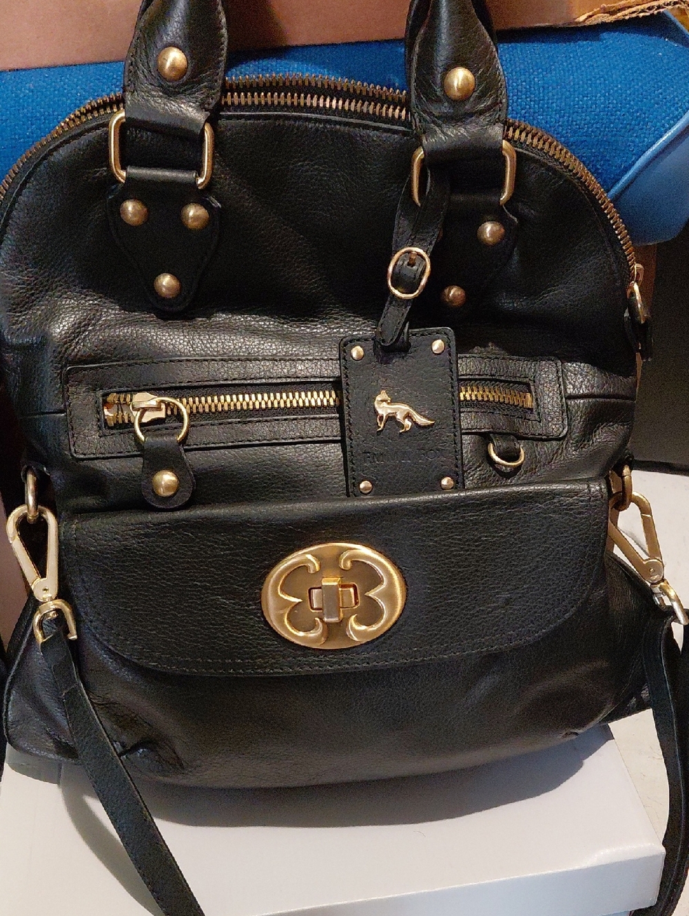 Emma Fox Black Leather Shoulder Bag with Gold Hardware Accents